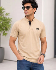 Men's Brand Logo Mandarin Collar T-Shirt — Cream — Thumbnail 1