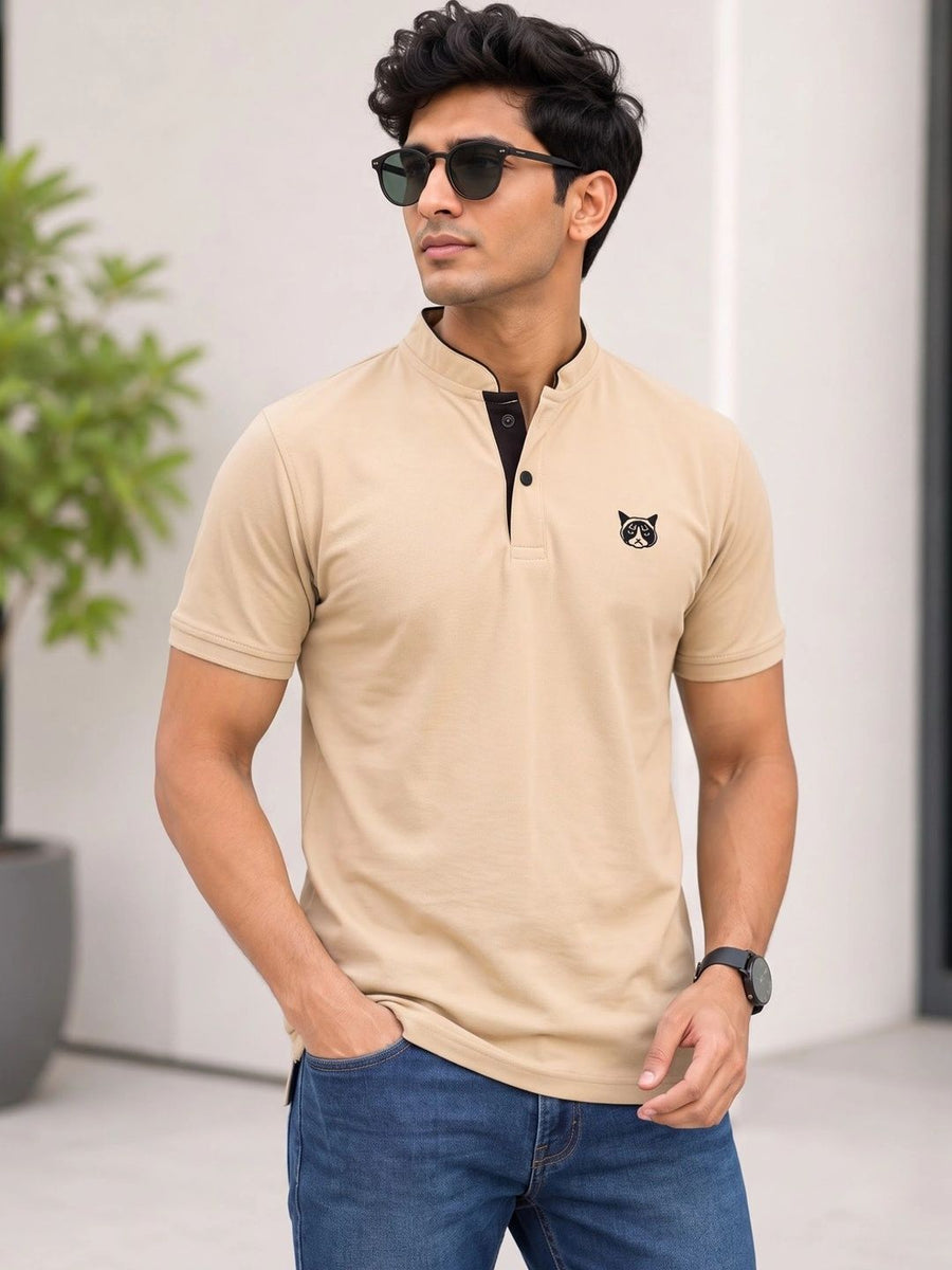 Men's Brand Logo Mandarin Collar T-Shirt — Cream — Tshirt Factory India Direct Manufacturer Surat