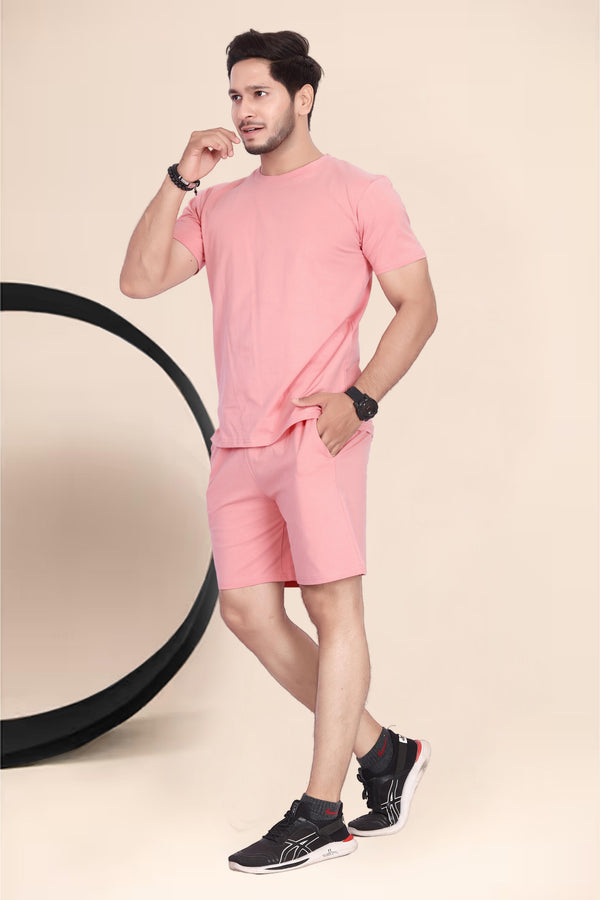 Men's Cotton Printed Night Suit Set of Top & Shorts — Peach Angle View — Custom Printing Surat