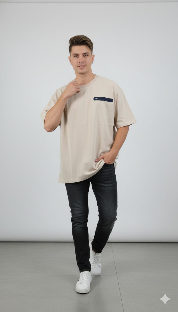 Men's Luxury Textured Waffle Self-Design Oversized T-Shirt — Desert Beige Angle View — Custom Printing Surat