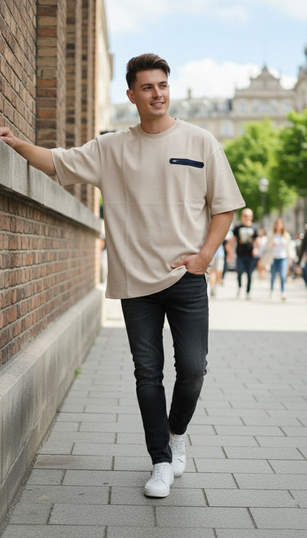 Men's Luxury Textured Waffle Self-Design Oversized T-Shirt — Desert Beige — Tshirt Factory India Direct Wholesale Manufacturer