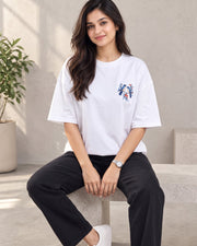 Divra Clothing Women Embroidered Round Neck T-Shirt — White — Thumbnail 1