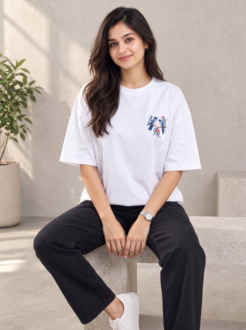 Divra Clothing Women Embroidered Round Neck T-Shirt — White — Tshirt Factory India Direct Manufacturer Surat