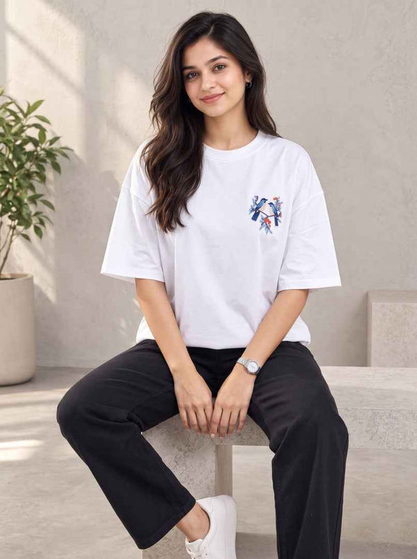 Women Embroidered Round Neck T-Shirt — White — Tshirt Factory India Direct Wholesale Manufacturer