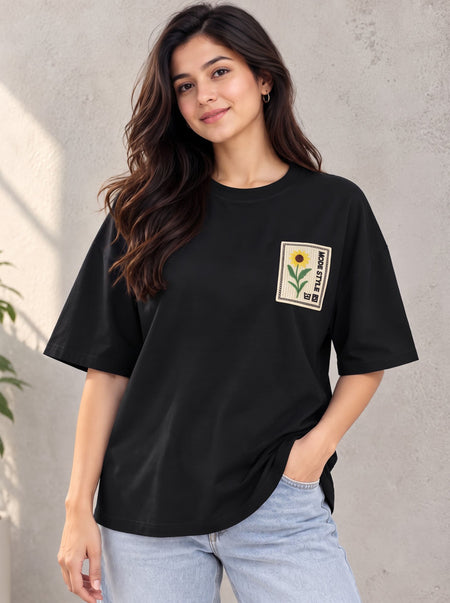 Divra Clothing Women Embroidered Round Neck T-Shirt — Black Angle View — Custom Printing Surat