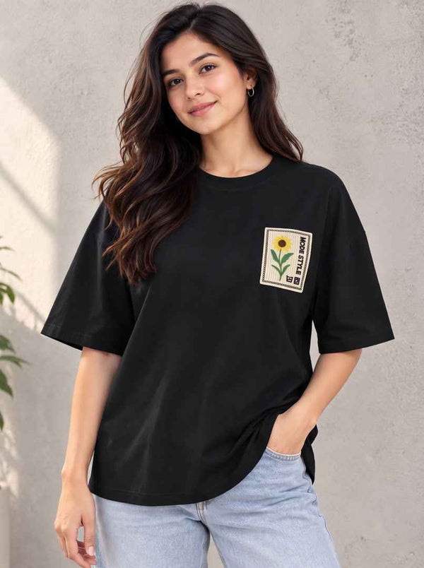 Women Embroidered Round Neck T-Shirt — Black Angle View — Custom Printing Surat