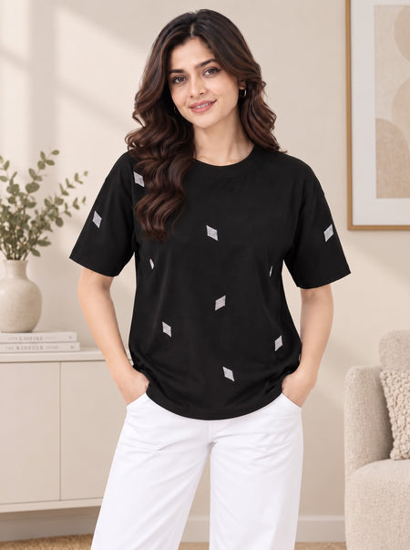 Divra Clothing Women Self Design Round Neck T-Shirt — Black — Tshirt Factory India Direct Wholesale Manufacturer