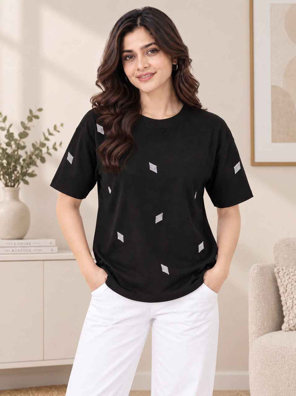 Women Self Design Round Neck T-Shirt — Black — Tshirt Factory India Direct Wholesale Manufacturer