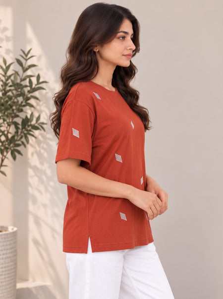 Divra Clothing Women Self Design Round Neck T-Shirt — Maroon Angle View — Custom Printing Surat