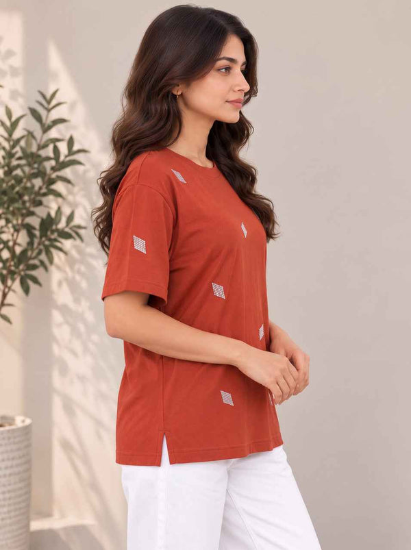 Women Self Design Round Neck T-Shirt — Maroon Angle View — Custom Printing Surat