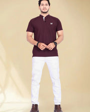Men's Brand Logo Mandarin Collar T-Shirt — Maroon — Thumbnail 6