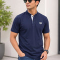 Men's Brand Logo Mandarin Collar Pockets T-Shirt — Navy Blue
