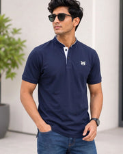 Men's Brand Logo Mandarin Collar Pockets T-Shirt — Navy Blue — Thumbnail 1