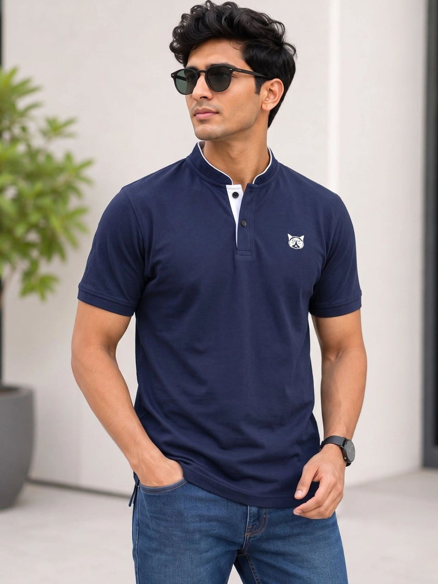 Men's Brand Logo Mandarin Collar Pockets T-Shirt — Navy Blue — Custom Print Studio