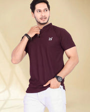 Men's Brand Logo Mandarin Collar T-Shirt — Maroon — Thumbnail 3