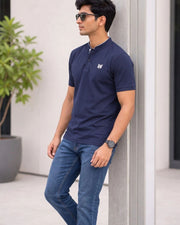Men's Brand Logo Mandarin Collar Pockets T-Shirt — Navy Blue — Thumbnail 2