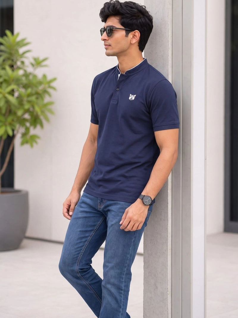 Men's Brand Logo Mandarin Collar Pockets T-Shirt — Navy Blue — Quality Craftsmanship Anatomy
