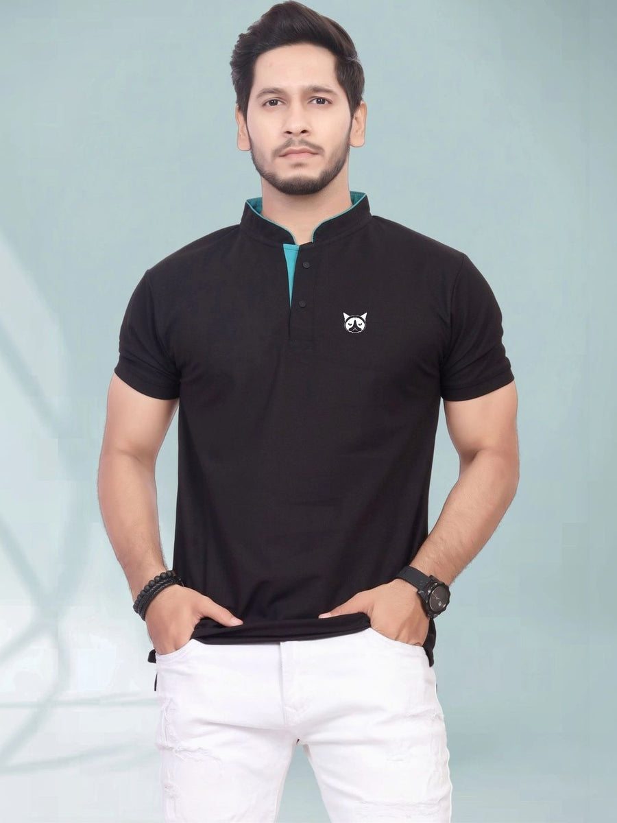 Men's Brand Logo Mandarin Collar T-Shirt — Black — Custom Print Studio
