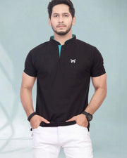 Men's Brand Logo Mandarin Collar T-Shirt — Black — Thumbnail 3
