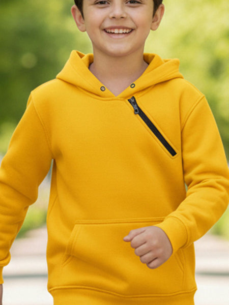 Kids Unisex Solid Hooded Sweatshirt — Yellow Angle View — Custom Printing Surat