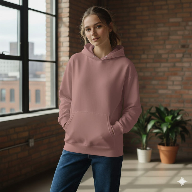 Women's Full Sleeve Solid Hooded Sweatshirt — Dusty Rose Pink — Quality Craftsmanship Anatomy