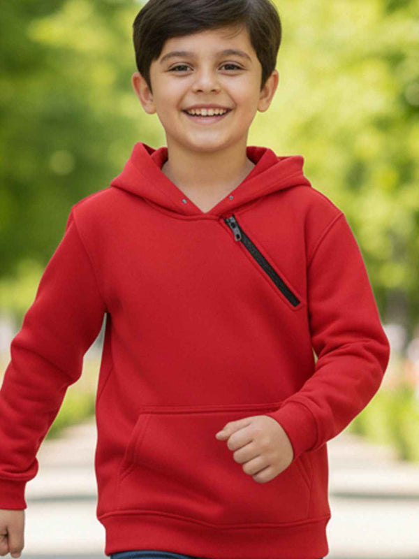 Kids Unisex Solid Hooded Sweatshirt — Red Angle View — Custom Printing Surat