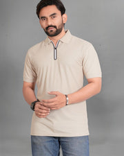 Men Polo Collar Pockets T-shirt — Beige — Thumbnail 1