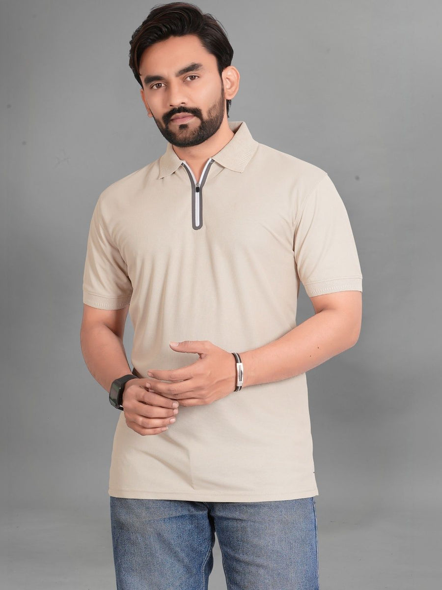 Men Polo Collar Pockets T-shirt — Beige — Custom Print Studio
