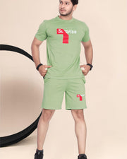 Men's Cotton Printed Night Suit Set of Top & Shorts — Pista — Thumbnail 1
