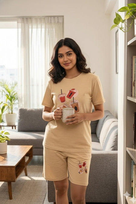 Women's Printed Cotton Top & Shorts Set - Beige Angle View — Custom Printing Surat