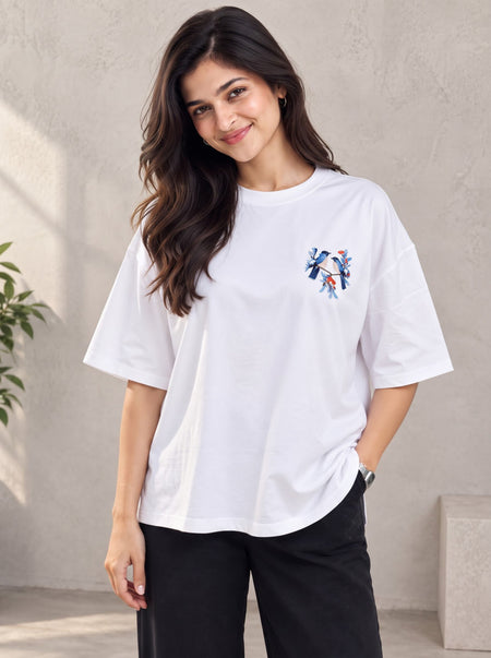 Divra Clothing Women Embroidered Round Neck T-Shirt — White Angle View — Custom Printing Surat
