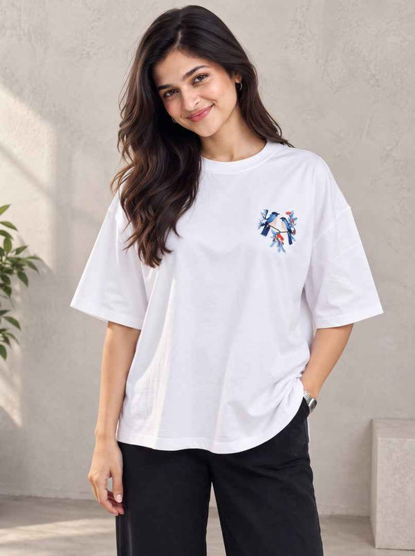 Women Embroidered Round Neck T-Shirt — White Angle View — Custom Printing Surat