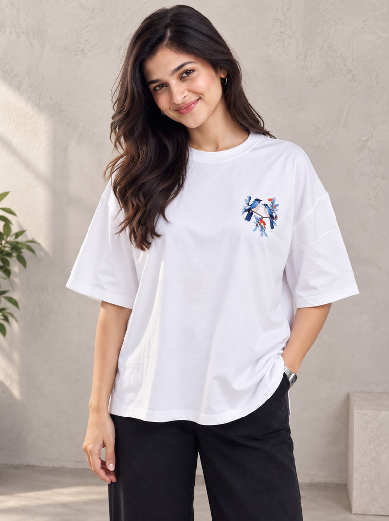 Divra Clothing Women Embroidered Round Neck T-Shirt — White — Quality Craftsmanship Anatomy