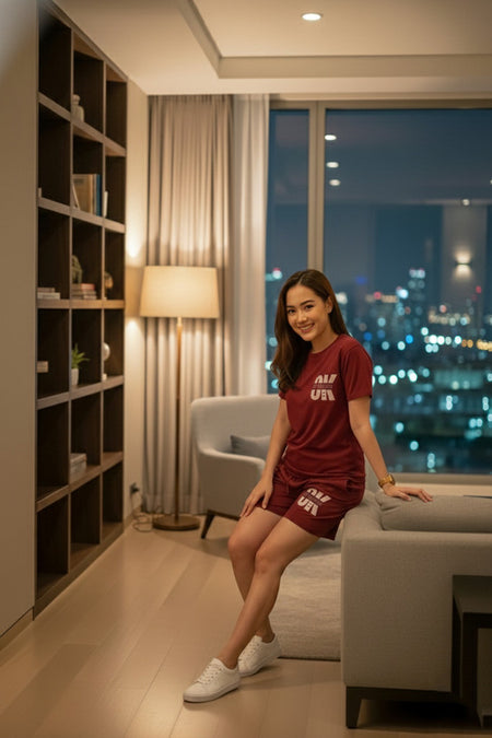 Women's Printed Cotton Top & Shorts Set - Maroon Angle View — Custom Printing Surat