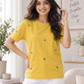 Women Self Design Round Neck T-Shirt — Yellow