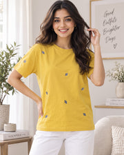 Women Self Design Round Neck T-Shirt — Yellow — Thumbnail 1