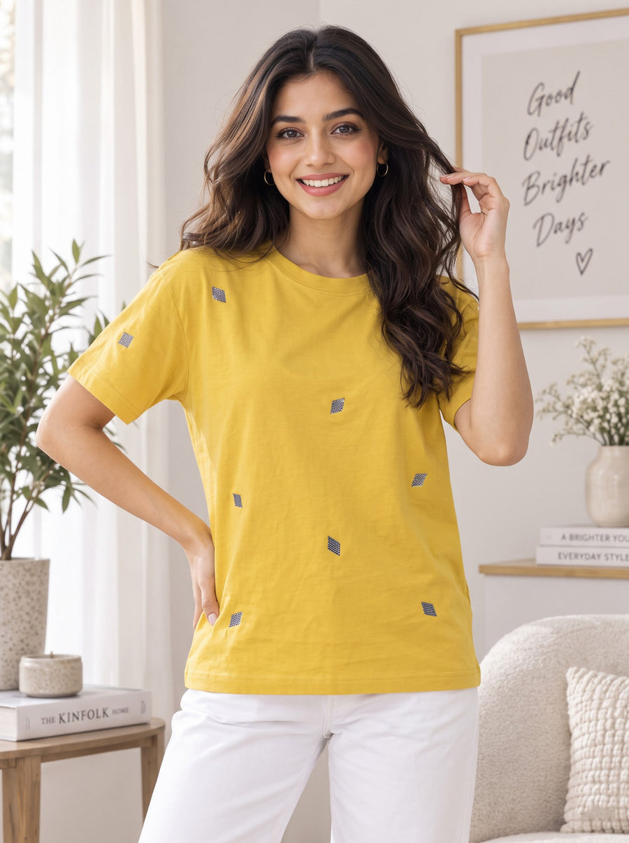 Women Self Design Round Neck T-Shirt — Yellow — Tshirt Factory India Direct Manufacturer Surat