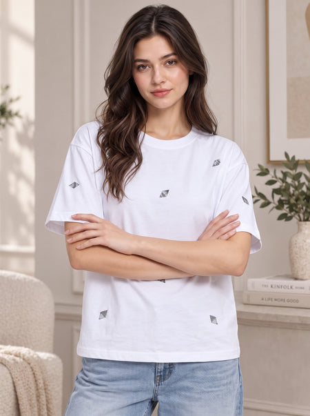 Divra Clothing Women Self Design Round Neck T-Shirt — White — Tshirt Factory India Direct Wholesale Manufacturer