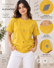 Women Self Design Round Neck T-Shirt — Yellow — Thumbnail 2