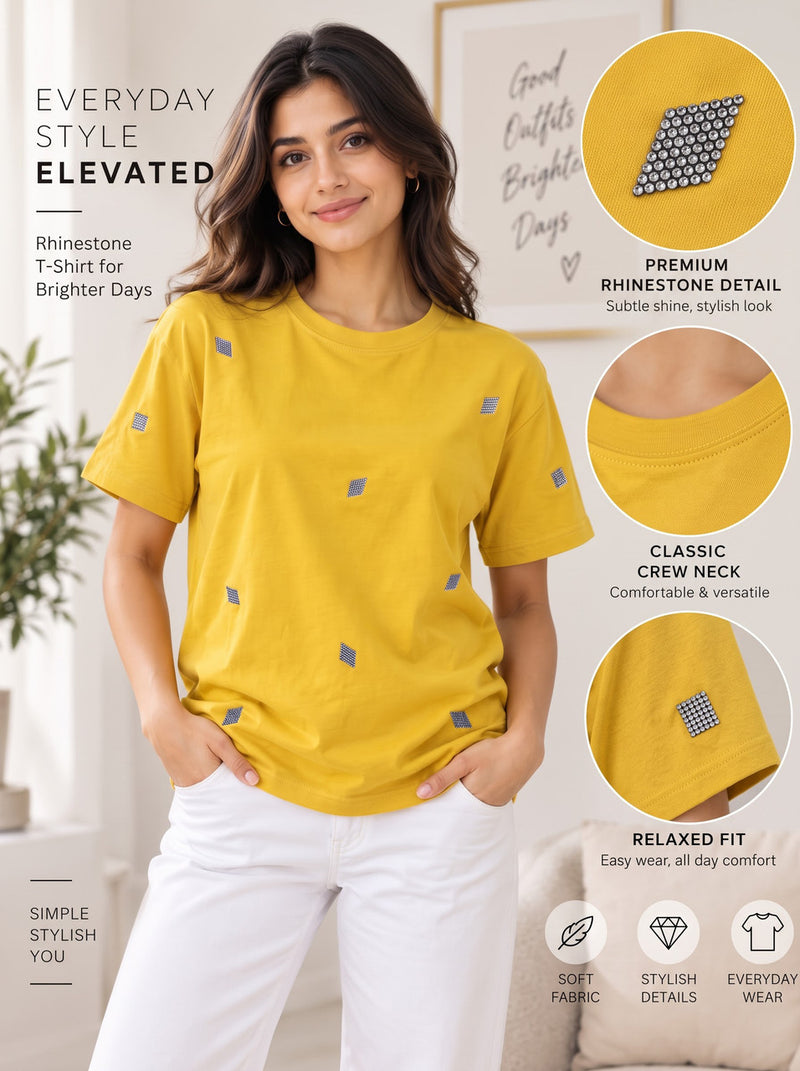 Women Self Design Round Neck T-Shirt — Yellow — Quality Craftsmanship Anatomy