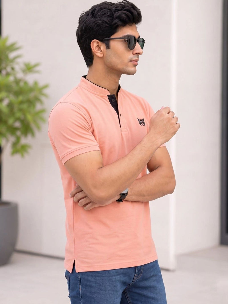 Men's Mandarin Collar T-Shirt — Peach — Quality Craftsmanship Anatomy